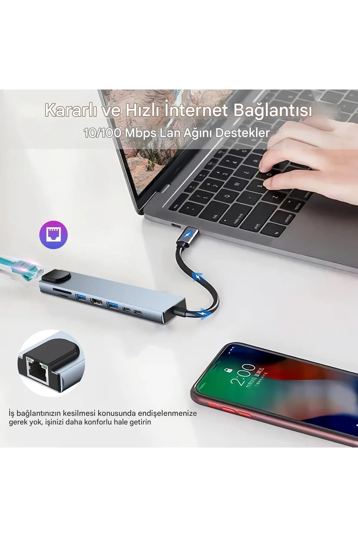 Macbook Pro Air Usb Type-c Hub Dönüştürücü Çevirici Çoklayıcı Usb Hdmı Micro Sd 8 Girişli